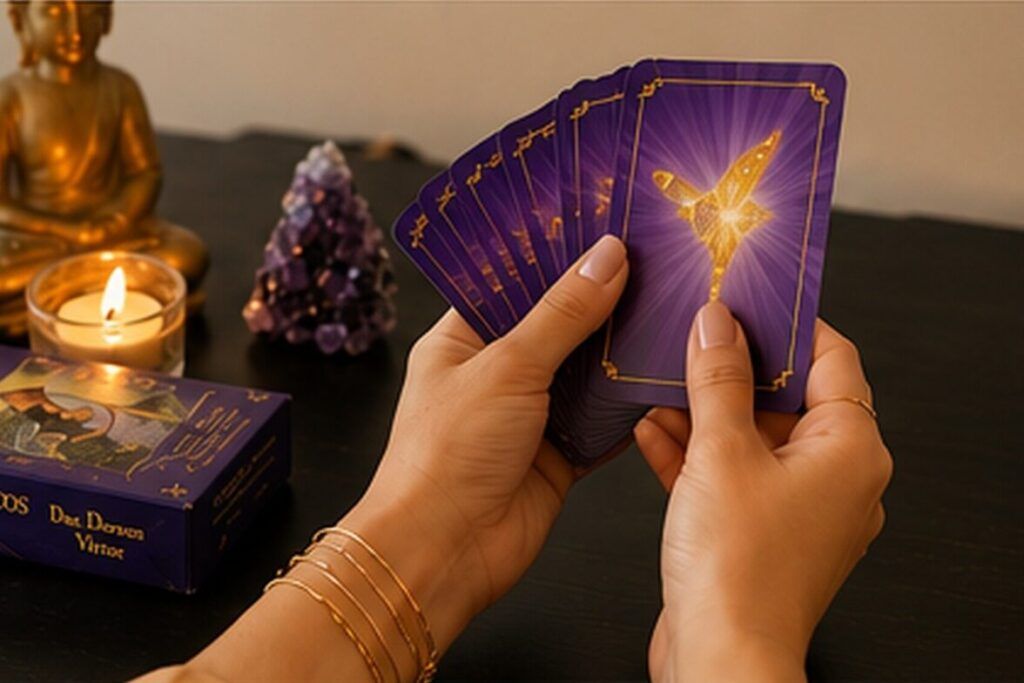 manos con cartas y buda manos con cartas y buda